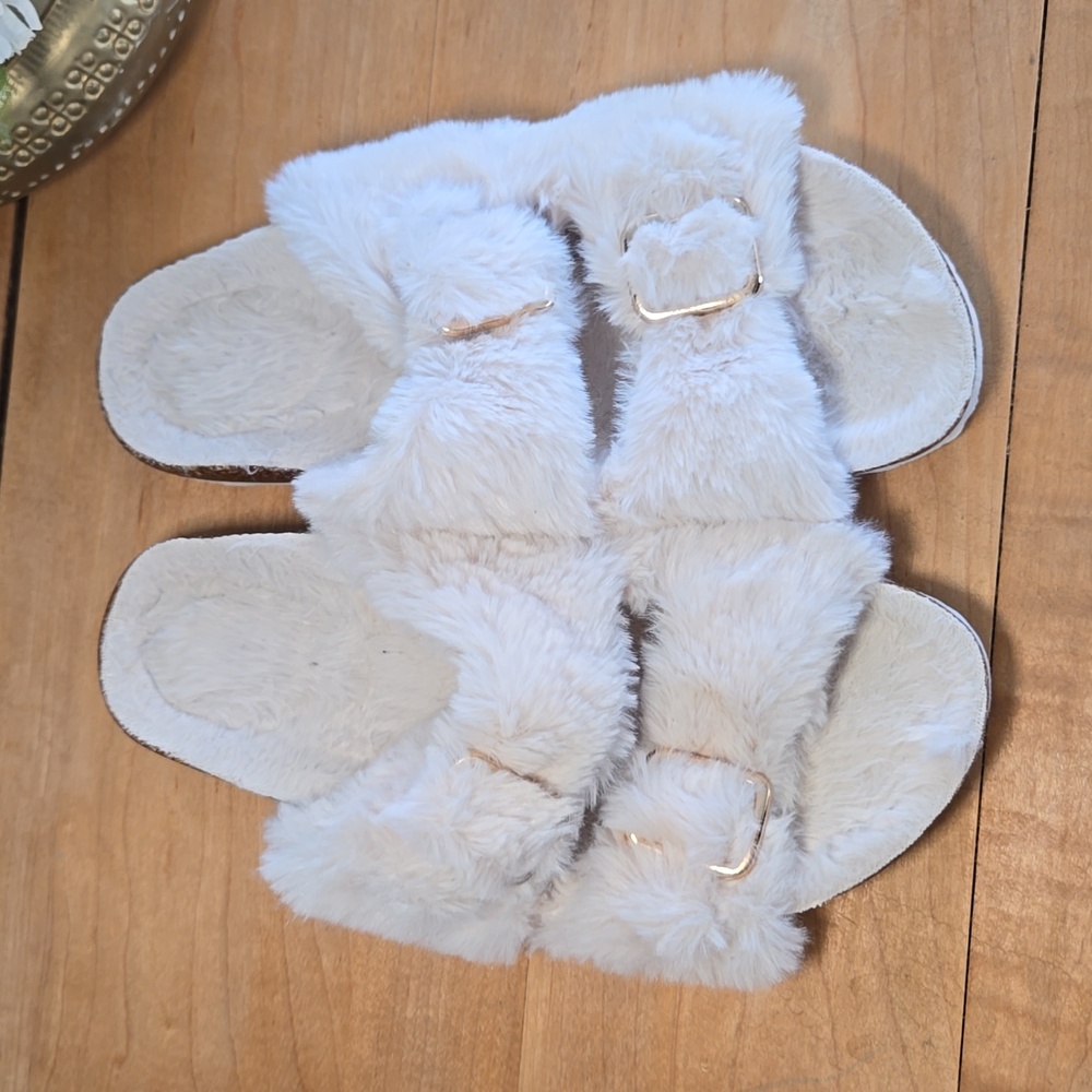 Faux Rabbit Fur Cork Slide Sandals - Picture 2 of 9